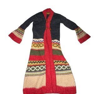 Vintage Anthropologie Perika Peruvian Red Black Long Knit Cardigan Size Medium